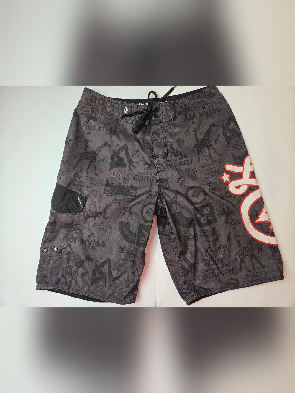 LRG Black Graphic Swim Board Shorts with Red Accent